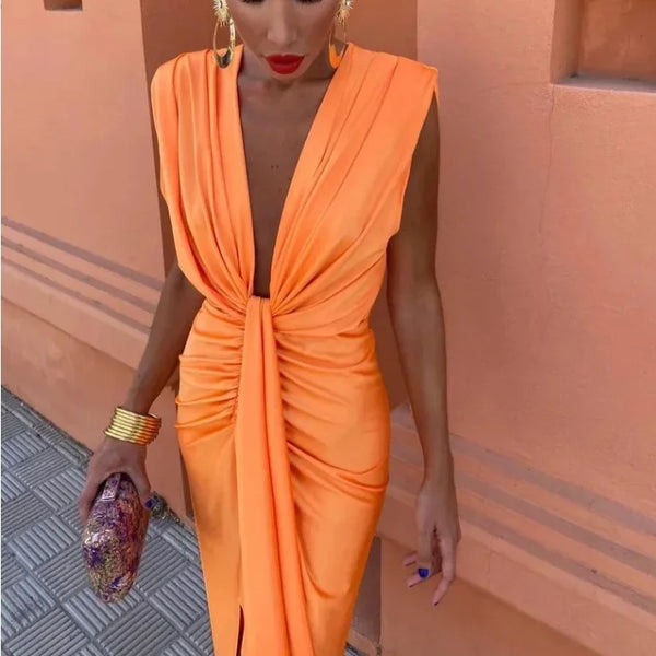 Vestido Acanalado Sin Mangas Con Cuello En V Para Mujer | Midi