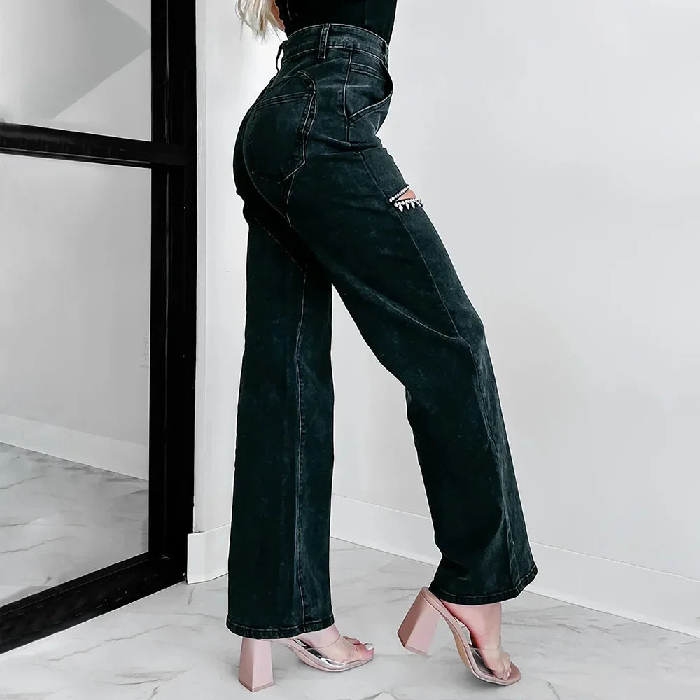 Evian Jeans Ripped Straight-Leg con Rhinestones
