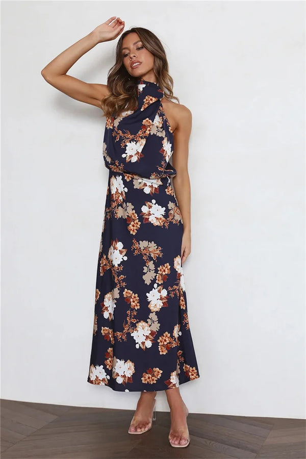 Lisa Vestido Maxi Floral con Cuello Halter y Cintura Elástica