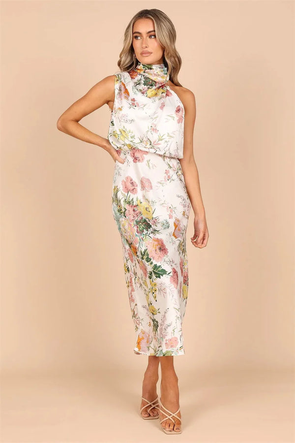 Lisa Vestido Maxi Floral con Cuello Halter y Cintura Elástica
