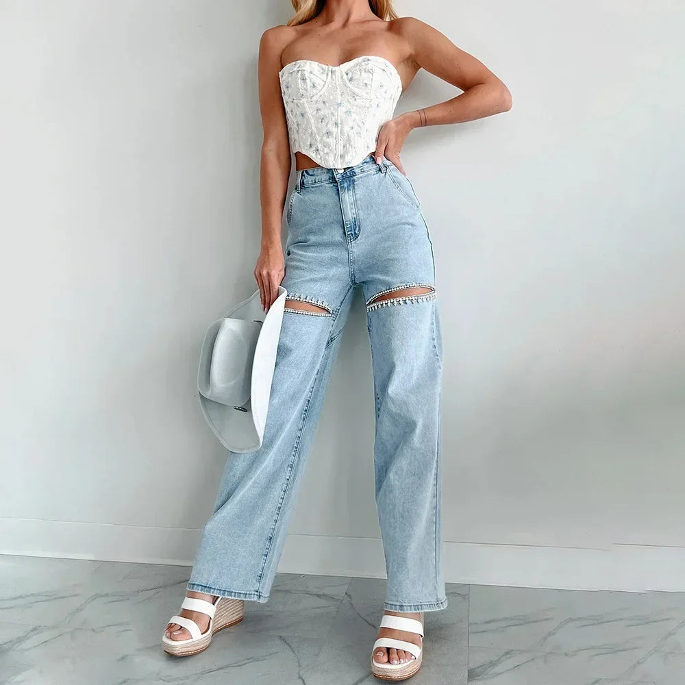Evian Jeans Ripped Straight-Leg con Rhinestones