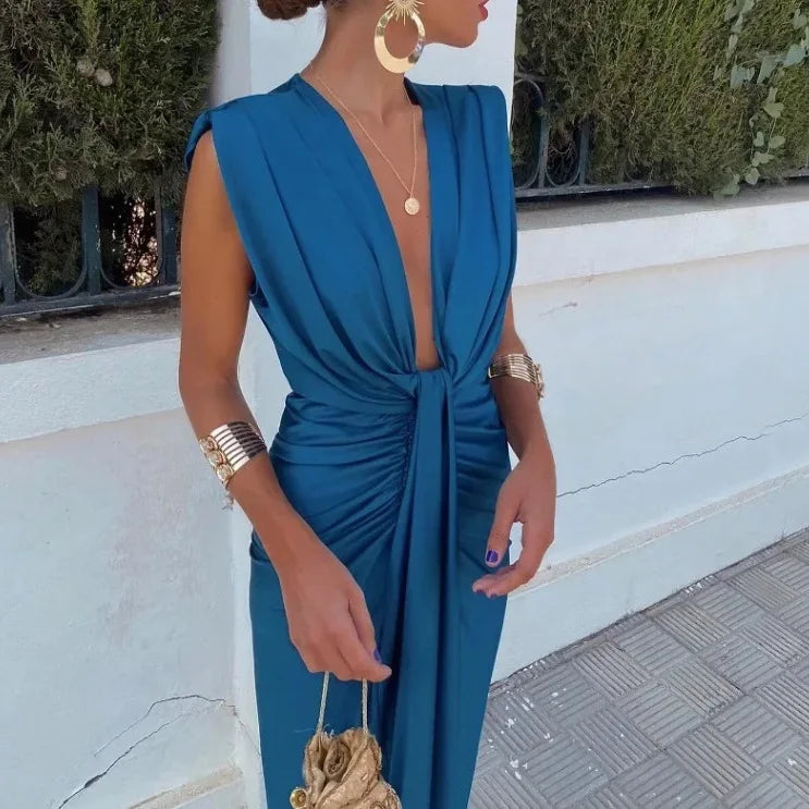 Vestido Acanalado Sin Mangas Con Cuello En V Para Mujer | Midi