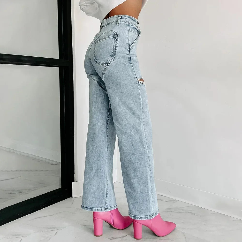 Evian Jeans Ripped Straight-Leg con Rhinestones