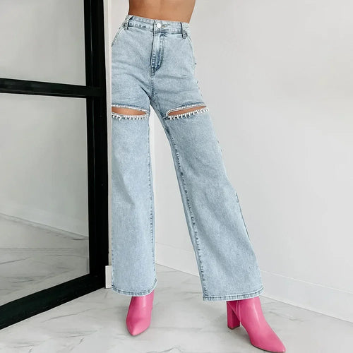 Evian Jeans Ripped Straight-Leg con Rhinestones