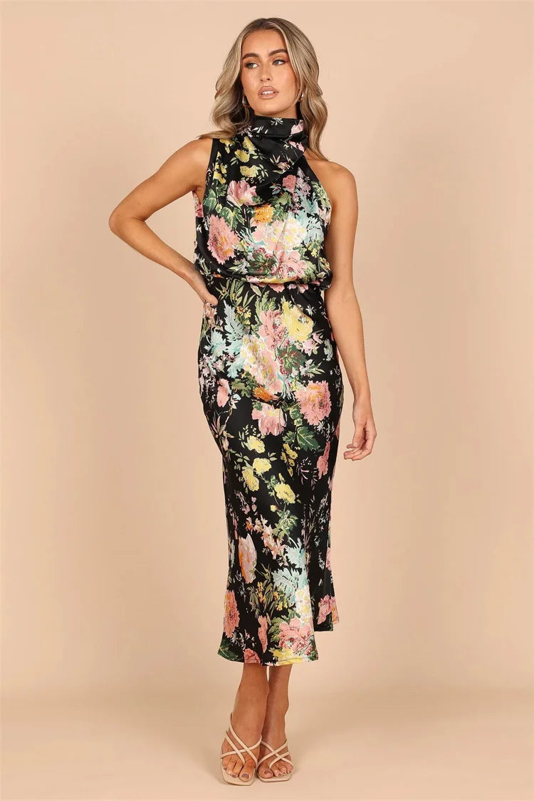Lisa Vestido Maxi Floral con Cuello Halter y Cintura Elástica