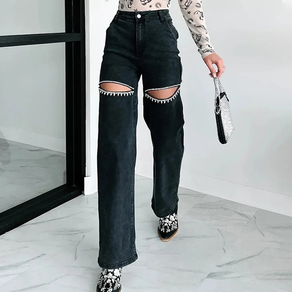 Evian Jeans Ripped Straight-Leg con Rhinestones