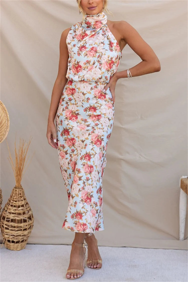 Lisa Vestido Maxi Floral con Cuello Halter y Cintura Elástica