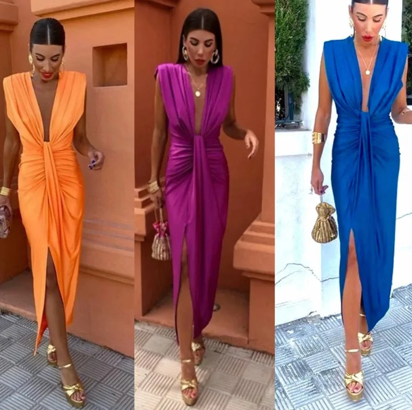 Vestido Acanalado Sin Mangas Con Cuello En V Para Mujer | Midi